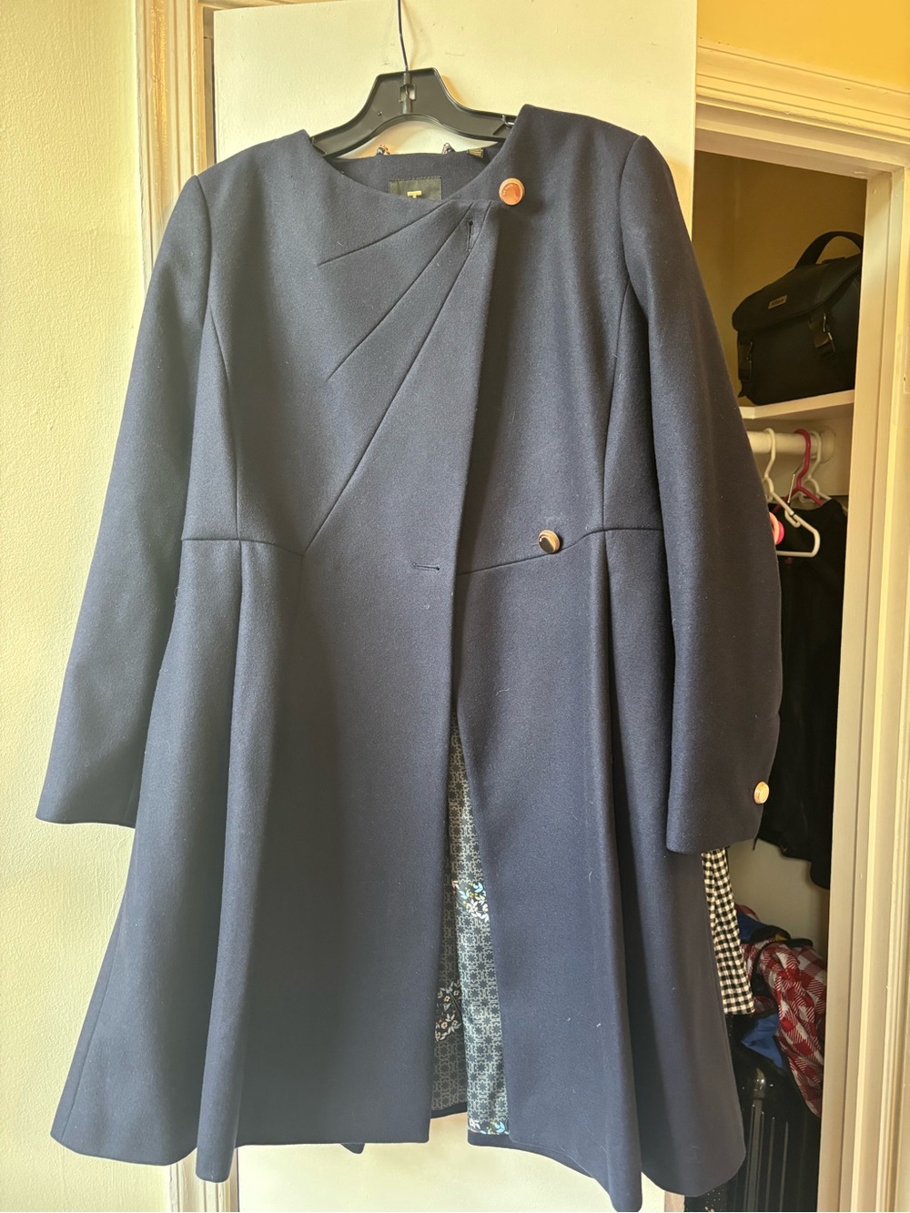 Ted Baker Navy A-Line Trench Coat with Gold Buttons